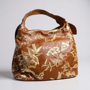 Donald J. Pliner Leather Embroidered Floral Patterned Hobo Bag in Brown Orange